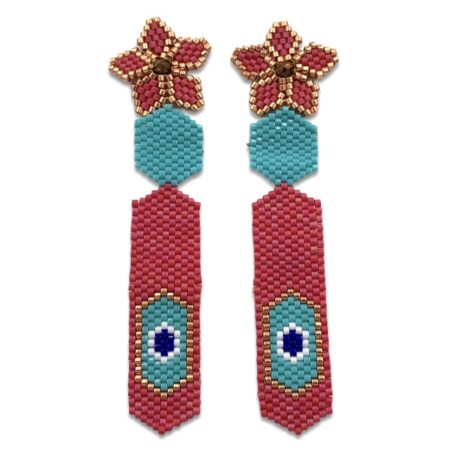 Aretes Flor Alhelí Fucsia y Aguamarina