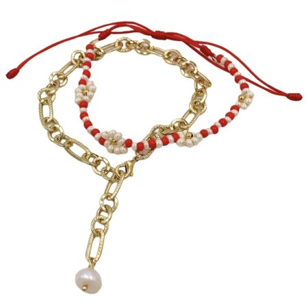 Pulsera DUO florecitas y cadena perla Rojo